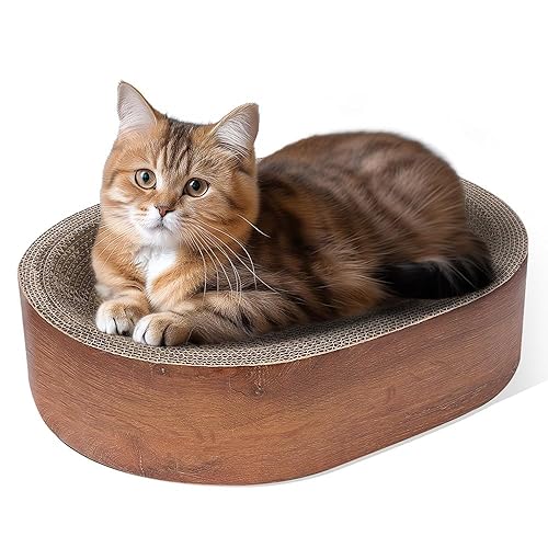 ComSaf Cat Scratcher Bed, Corrugated Cardboard Cat Scratch Bed Lounge Durable Long Lasting, Cat Scratch Pad Cat Scratching Board for Indoor Cats Protecting Furniture Sofa(Oval) - Wood Grain B