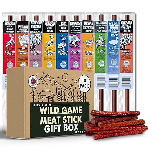 Jerky-n-Spice Wild Game Meat Sticks (10-Pack), Exotic Beef Jerky Variety Pack, Carnivore Snacks, Beef Jerky Snack Packs, Gift Basket Men, Exotic Snacks, Gifts for Men, Meat Snacks, Gift Box Men - 1 Count (Pack of 10)