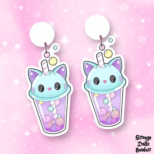 Cute cat earrings, 925 sterling silver, cat drinking cup, Cute pastel, Strange Dollz Boudoir
