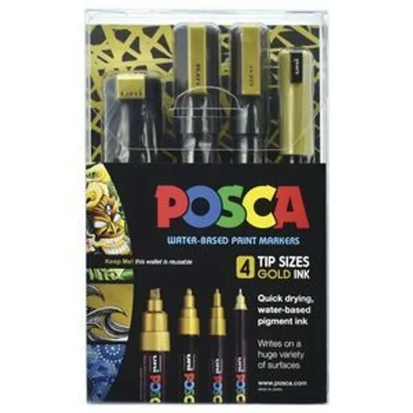 POSCA Paint Markers Assorted Sizes Gold 4 Pack