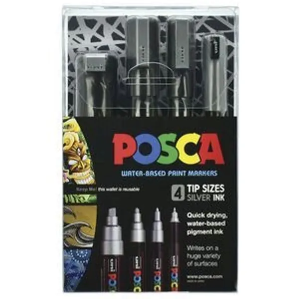 POSCA Paint Markers Assorted Sizes Silver 4 Pack