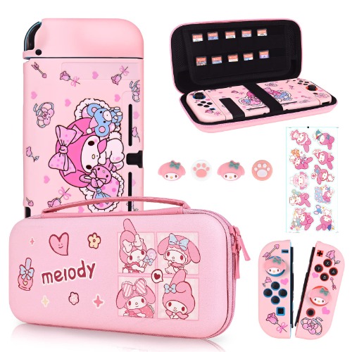 DLseego Little Hood Rabbit Switch Case Set Pink Carrying Case with 12 Slots Cute TPU Protective Case Soft Cover with 4PCS Lovely Thumb Grips Caps and 1PCS Kawaii Sticker for Switch 2017 - M Pink