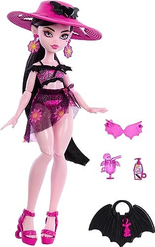 Monster High Scare-adise Island Draculaura Doll with Swimsuit, Sarong and Beach Accessories like Hat, Sunscreen, and Tote