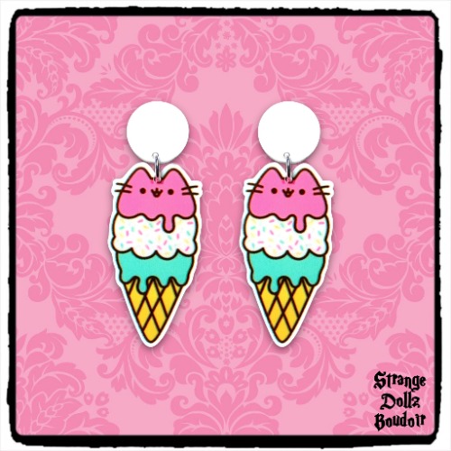 Cute cat and ice cream earrings, 925 sterling silver, Strange Dollz Boudoir