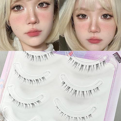 Okdeals 5 Pairs Thai Style Lower Lashes 3D Natural Look Manga Lashes with Soft Clear Band, Thai Short Bottom Eyelashes Cosplay Anime Lashes Fluffy Little Devil Lash Beauty Eye Extension Tools - Lower Eyelash-5 Pairs