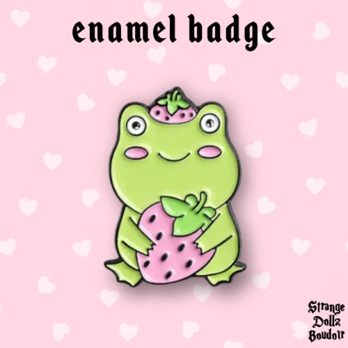 Cute Frog and Strawberry enamel badge pin, Pastel Cute, Strange Dollz Boudoir