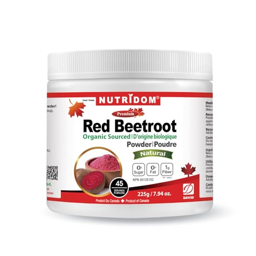 Nutridom Red Beet Root Powder, Organic-Certified, 5,000 mg per Scoop, Non-GMO, Vegan, Gluten-Free, Soy-Free, Dairy-Free, Unsweetened, 45 Servings, 7.94 oz. (225 g)