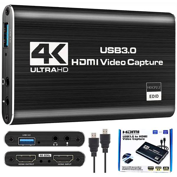USB3.0 Capture Cards 1080p60 fps 4K HDMI Game Video Card, Broadcast Stream Live and Record via DSLR Camcorder, Stream Live Broadcasts Video Recording, Black