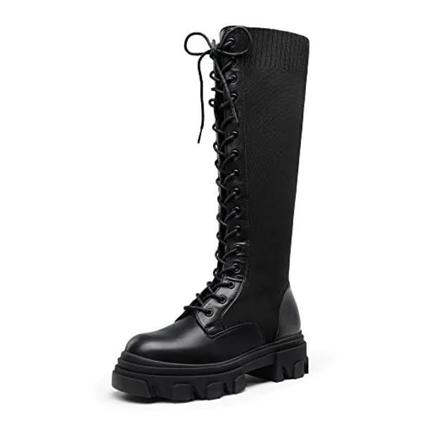 DREAM PAIRS Knee High Boots Women, Fashion Lace Up Chunky Platform Lug Sole Boots For Women