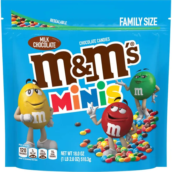 M&M's Milk Chocolate Minis Candy 18 Oz Family Size Bag Bulk Candy Bag, 18 Oz - 