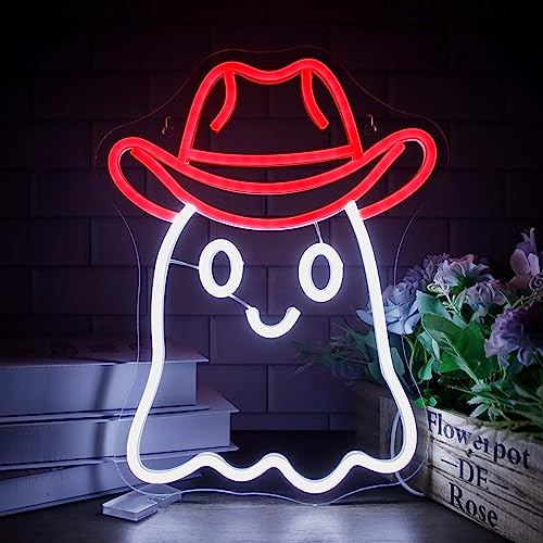 Cowboy Ghost Neon Sign,Cute LED Halloween Cowboy Ghost Sign Neon Light Wall Art, Easy to Hang and Adjustable Brightness, USB Powered for Bedroom Man Cave Game Room Party Birthday Gifts for Boys Girls(10.2*13.3in) - Cowboy Ghost