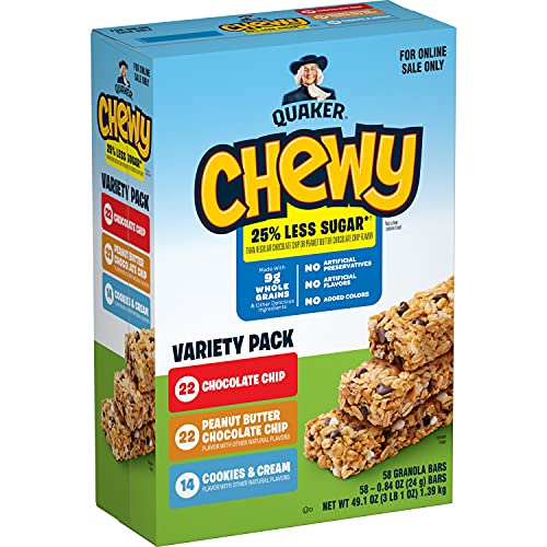 Quaker Chewy Lower Sugar Granola Bars, 3 Flavor Variety Pack, 58 Count (Pack of 1) - Less Sugar 3 Flavor Variety Pack, 58ct