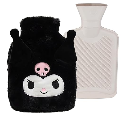 Roffatide Cartoon Kuromi Hot Water Bottle Hand Foot Warmer 1L Hot Water Bag and Cold Compress with Cute Anime Character Plush Cover Pain Relief with Cute Faux Fur Cover - C