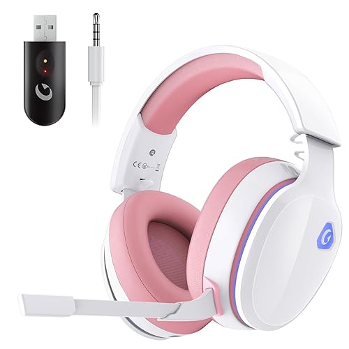 Gtheos 2.4GHz Wireless Gaming Headset for PS5, PS4 Fortnite & FPS Gamers, PC, Nintendo Switch, Bluetooth 5.3 Gaming Headphones with Noise Canceling Mic, Stereo Sound, 40+Hr Battery (Pink) - Pink