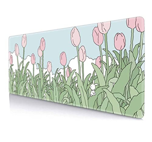 Kawaii Pink Flowers Mouse Pad, Nature Mousepad Cute, Minimalistic Desk Mat, Bunny Anime Desk Pad, Extra Large Mouse Pad, 31.5 X 11.8 Inch, Aesthetic Wildflowers - Aesthetic Wildflowers