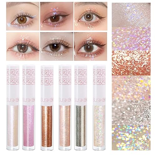 6Pcs Liquid Glitter Eyeshadow Eyeliner, Korean Makeup, Bling Under Eye Shadow, Shimmer Eye Make Up Gift Set, Long Lasting, Quick Drying and Pigmented Loose Glitter Glue for Crystals Eye Makeup - Liquid Glitter Bling Colors