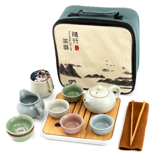 Ceramic Kungfu Tea Sets 12 Piece,Mini Protable Travel Tea Set With Tea Pot, 4x Tea Cups, Bamboo Tea Tray, Tea Canister, Travel Bag |Asian Tea Set Suitable for Office, Picnic, Home, BusinessTrip - 