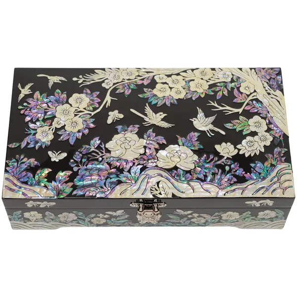 February Mountain Mother of Pearl Large Jewelry Box with Ring Tray - Handmade Unique Gifts for Women - Abalone Shell Keepsake Decorative Box - Plum Blossom