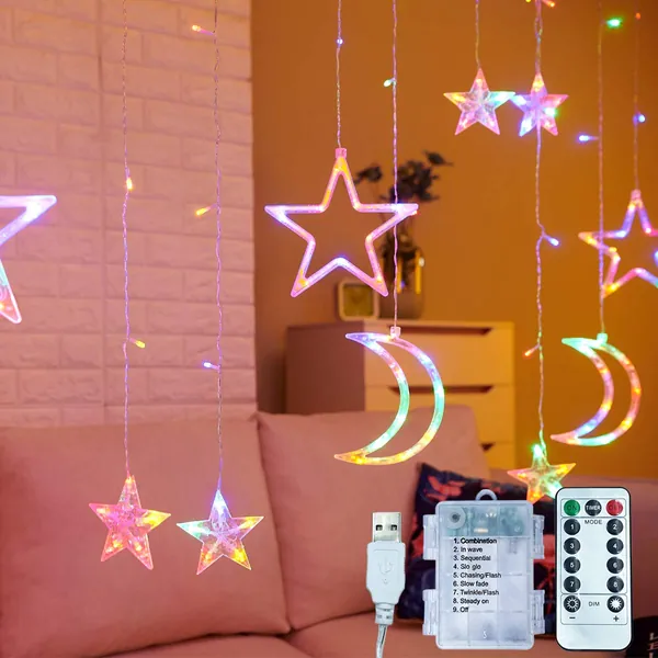 11.5ft Decorative Starry String Curtain Lights Moons and Stars LED Night Light for Home Decoration Party,Remote Control AA Battery/USB Powered - Multicolor