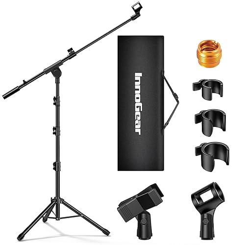 InnoGear Microphone Stand, Tripod Boom Arm Floor Mic Stand Height Adjustable Heavy Duty with Carrying Bag 2 Mic Clips 3/8" to 5/8" Adapter for Singing Podcast for Blue Yeti Shure SM58 SM48 Samson Q2U - 1