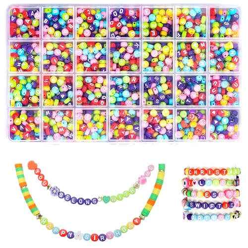 ARTDOT 1400 Pcs Letter Beads Bracelet Making Kit for Girls, 28 Styles Colorful Alphabet Beads, Smiley Face Beads and Heart Beads Preppy Gifts for Taylor Bracelets and Eras Tour with Jewelry Organizer - White Letter Multicolor Bead