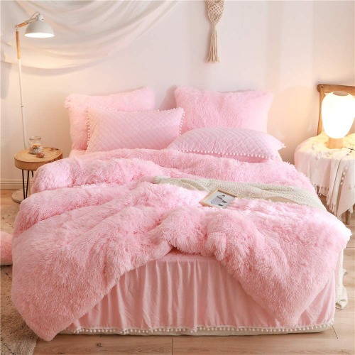 HAIHUA Luxury Plush Shaggy Duvet Cover Flannel Velvet Bedding (1 Faux Fur Duvet Cover +2 Faux Fur Pillowcases) Fluffy Comforter Bed Sets 3 Pieces ,Zipper Closure (Pink, Queen) - Pink Queen
