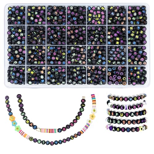 ARTDOT 1400 Pcs Letter Beads Friendship Bracelets Kit, 28 Styles and 6 Font Colors of Alphabet Beads, Smiley Face and Heart Beads Preppy Gifts for TS Bracelets and Eras Tour with Jewelry Organizer - Multicolor Letter Black Bead