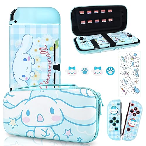 DLseego Cartoon Dog Switch Case Set Blue Carrying Case with 12 Slots Cute TPU Protective Case Soft Cover with 4PCS Lovely Puppy & Claw Thumb Grips Caps and 1PCS Kawaii Sticker for Switch 2017 - Blue