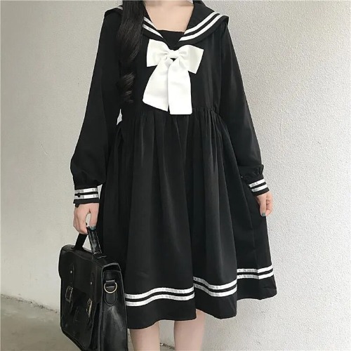 HOUZHOU Black Lolita Dress Women Bow Patchwork Loose Japanese Preppy Style Sailor Collar Kawaii Long Sleeve Dress Jk Girl Outfit