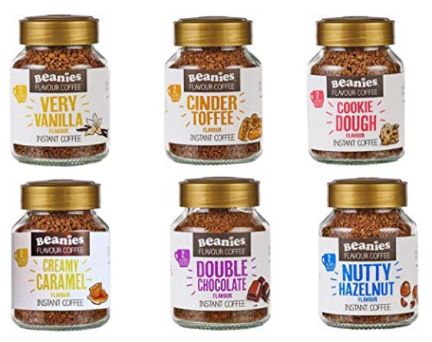 Beanies Flavoured Instant Coffee Variety Pack (6 x 50 Grams Jars) Caramel, Hazelnut, Very Vanilla, Cinder Toffee, Double Choc, Cookie Dough