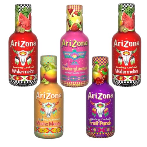 Arizona ice tea - green tea with honey,sweet tea, Green Tea, Pomegranate, Iced Tea with Lemon, Ice Tea With Peach, Blueberry White Tea, fruit punch, lemonade | 500 ml, Pack of 5