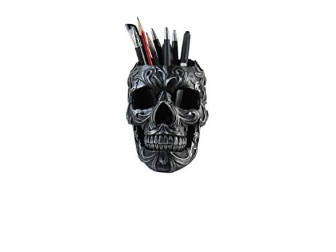 DWK Skull Victorian Gothic Decorative Pen Holder | Goth Office Supplies and Black Desk Organizers and Accessories | Gothic Halloween Desk Decorations - 5"