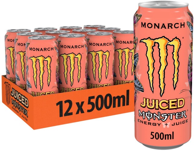 Monster Energy Monarch - koffeinhaltiger Energy Drink mit fruchtigem Geschmack aus Pfirsich und Nektarine - in praktischen Einweg Dosen (12 x 500 ml) - 
