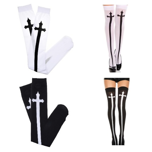 Eco-Fused Cosplay Gothic Socks - 2 Pairs - Thigh High Halloween, Dress-Up, Themed Party Stockings - Black and White - Printed Cross Sword Design - Novelty Hosiery for Women, Teens, Adult