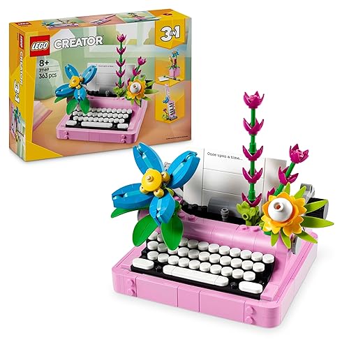LEGO Creator 3in1 Typewriter with Flowers Toy - Transforms into a Keytar Model or a Flowerpot with Pen & Notebook - Building Set for 8+ Year Old Girls & Boys - Creative Birthday Gift - 31169