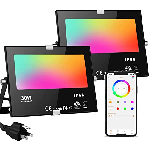 LED Flood Lights RGB Color Changing 300W Equivalent, Outdoor RGBW Bluetooth Smart Floodlights APP Control, IP66 Waterproof, Timing, 2700K&16 Million Colors 23 Modes for Stage Landscape Lighting 2 Pack - 30 Watts 2 Pack