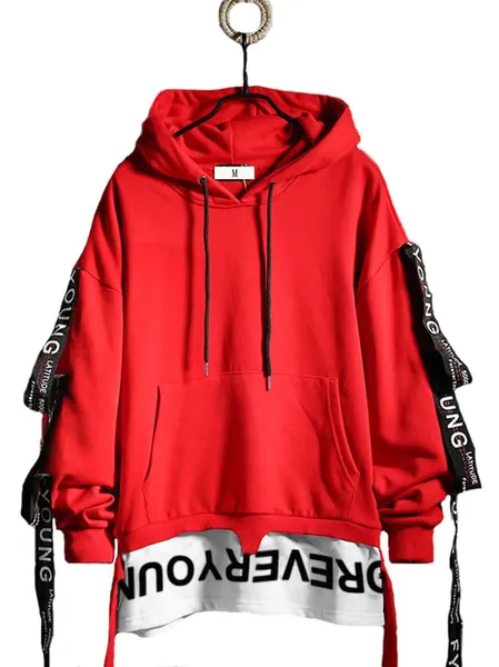 DUDHUH Mens Hoodie Fashion Pullover Letter Print Tracksuit Techwear Casual Coat Hip-Hop Sweatshirt - Small Red