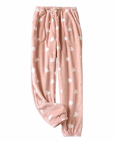 codcm Womens Fuzzy Pajama Pants Cute Heart Sleep Lounge Bottoms Comfy Soft Long Pj Pants with Pockets - Pink - X-Small