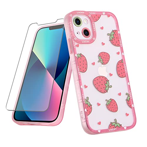 MZELQ Compatible with iPhone 13 Case Red Strawberry Cute Pattern, Soft TPU iPhone 13 Case for Girls Women + 1* Screen Protector, Camera Hole Protective for iPhone 13 Case 6.1 inch 2021 - iPhone 13