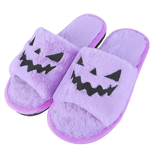 TITTOK Spooky Slides Halloween Slippers Jack O Lantern Pumpkin Soft Plush Cozy Open Toe Indoor Outdoor Fuzzy Slippers Gifts For Girls Women Girlfriend Men - 9-10 Women/8-9 Men - Purple