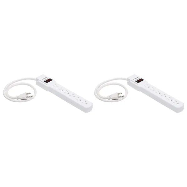 Amazon Basics 6-Outlet, 200 Joule Surge Protector Power Strip, 2 Foot, White - Pack of 2 - White Strip