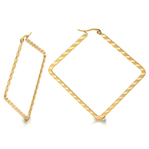 Pair Stainless Steel Gold Color Large Grooved Stripes Square Huggie Hinged Hoop Earrings for Women