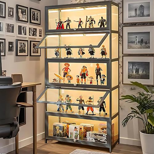 5 Tier Curio Display Cabinet, Storage Shelves with Acrylic Glass Door, Collectibles Toy Organizers Rack & Display Shelf, Kids Bookcase for Bedroom, Reading Nook, Toddler's Room (Grey flip door) - Grey Flip Door
