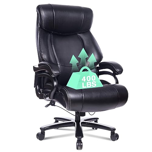 REFICCER High Back Big & Tall 400lb Leather Office Chair Executive Desk Computer Task Swivel Chair- Heavy Duty Metal Base, Adjustable Tilt Angle, Thick Padding and Ergonomic Design for Lumbar Support