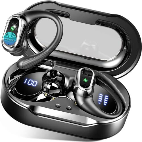 Wireless Earbuds, 2024 Bluetooth 5.3 Headphones Sport, Bluetooth Earbuds with ENC Noise Canceling Mic, 50H Stereo Wireless Headphones IP7 Waterproof with Earhooks, Dual LED Display for Running/Workout - Deep Black
