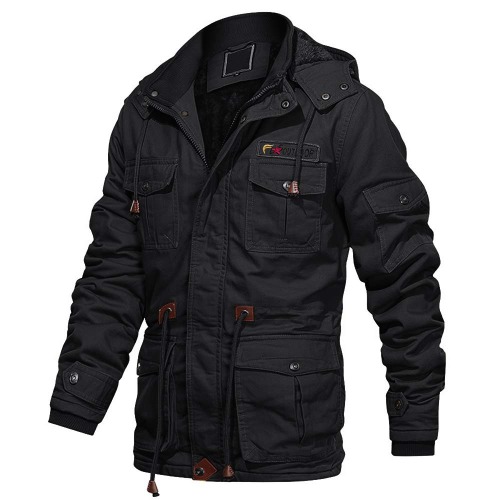 EKLENTSON Men's Cotton Military Jacket Winter Fleece Coats Full Zip Warm Thick Multi Pocket Outwear with Removable Hood