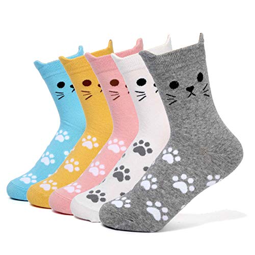 DOBIKULU Womens Grils Cute Animal Socks, Dog Cat Socks, Novelty Funny Crew Sock, Animal Gifts for Women Dog and Cat Lovers - Cat 2 Animal 5 Pairs