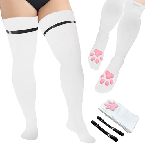 xbuk Plus Size Cat Paw Thigh High Socks，3d Kitten Claw Pad Socks Golves for Thick Thighs Cute Fat Girl Cosplay - 0-1 - White