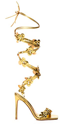 MissHeel Flower Embellished Lace Up Strappy High Heels - 11 - Gold