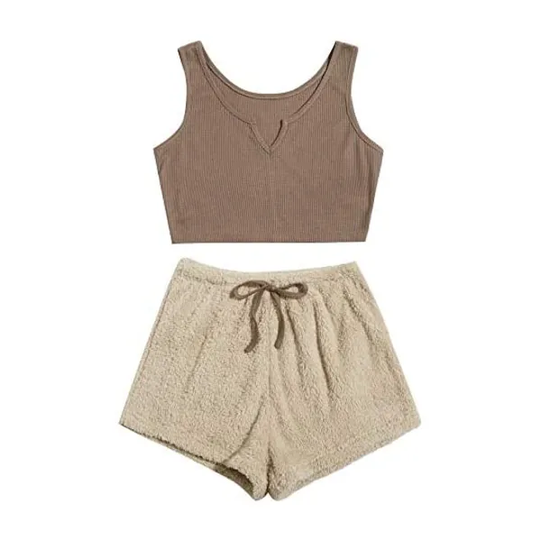 
                            Verdusa Women's 2 Piece PJ Set Notched Tank Top & Teddy Shorts Fuzzy Lounge Pajama Set
                        